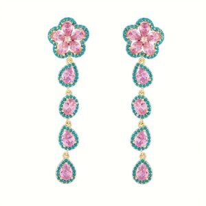 Blue & Pink Zircon Floral Water Drop Earrings